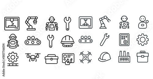 Robotics and automation icons collection: robots, ai, machinery, tools, drones