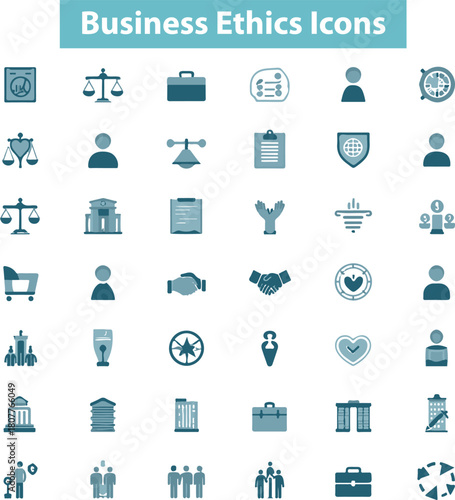 Business ethics icon set. Compliance, fairness, integrity, loyalty, trust, equality, code of conduct, honesty, anti corruption, transparency.
