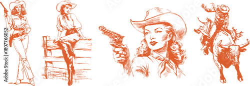 Orange cowgirl vintage set with revolver girl, ranch cowgirl, and rodeo bull rider. Retro sketchy art. Western Americana and wild country illustration.