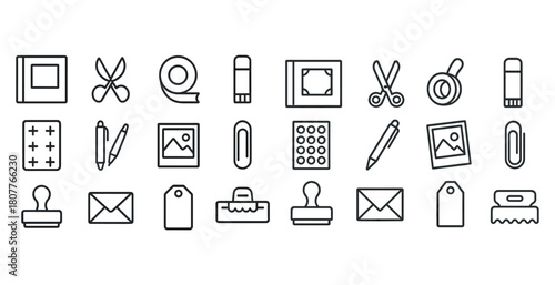 Set of office and stationery line icons: scissors, tape, pen, clip, envelope, stamp