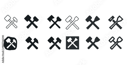 Set of various crossed axe and shovel icons in black and white