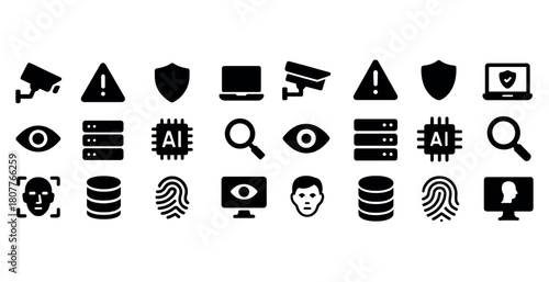 Surveillance and security icons: cameras, ai, biometrics, data protection