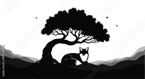 Lone fox rests peacefully under a stylized tree, silhouetted against a starlit night sky.