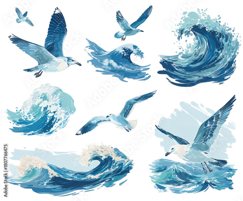 Collection of illustrated seagulls flying over blue ocean waves.