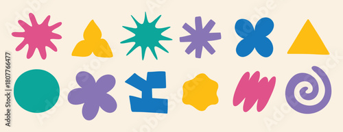 clouds and flower shapes sticker doodle retro set. Groovy funky flower, bubble, star, loop, waves trendy retro 90s 00s cartoon style.