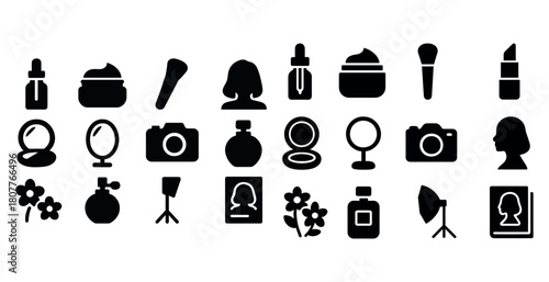 Beauty and photography icons including makeup, camera, and mirror symbols