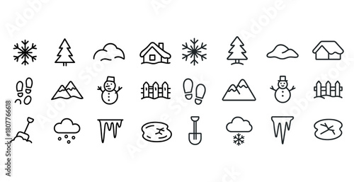 Winter icon set with snowflakes, trees, snowmen, and shovels in simple line art style