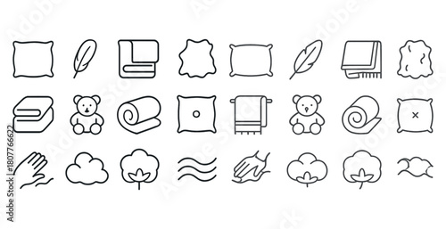 Set of line icons: pillows, blankets, towel, teddy bears, and cotton symbols