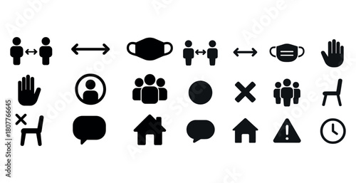 Social distancing and safety icons illustrating covid-19 precautions and guidelines