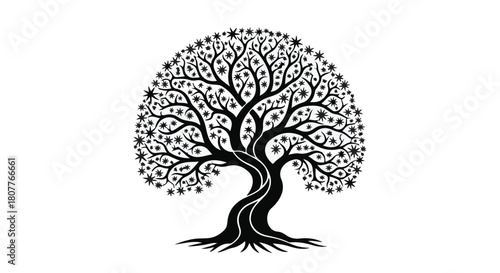 Intricate black and white illustration of a stylized tree of life, symbolizing growth and connection.