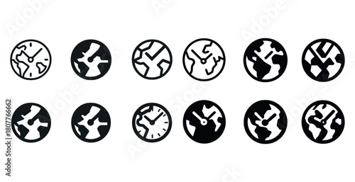 Abstract geometric planet icons in black and white variations