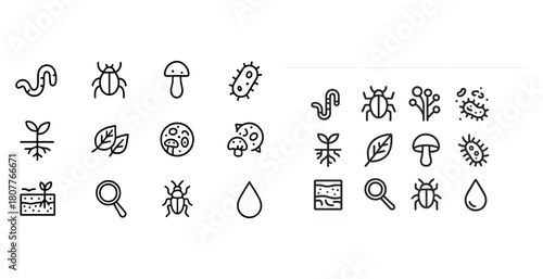 Simple black and white soil and insect icons with nature and biology elements