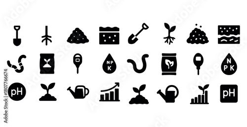 Gardening icons set: shovel, plants, soil, fertilizers, growth, and ph