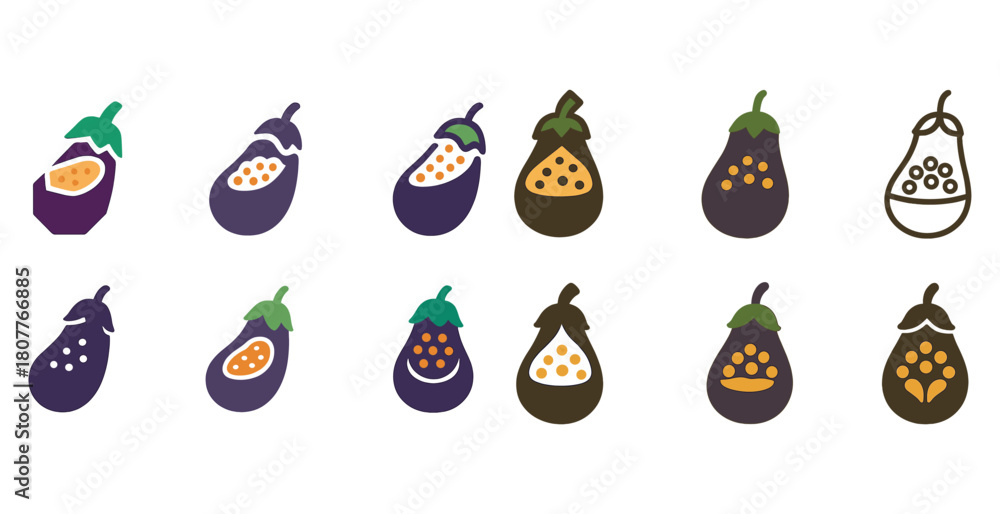 Fototapeta premium Variety of stylized eggplant icons in purple and brown hues