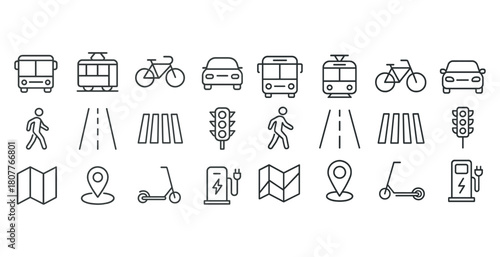 Urban transportation icons: bus, tram, bicycle, car, pedestrian, road, traffic light