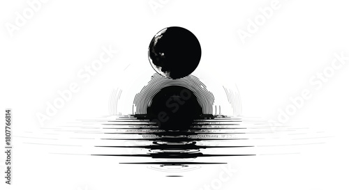 Abstract dark sphere creating ripples on a white background, symbolizing disruption and impact.
