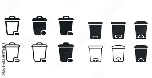 Black and white trash bin icons collection in various designs