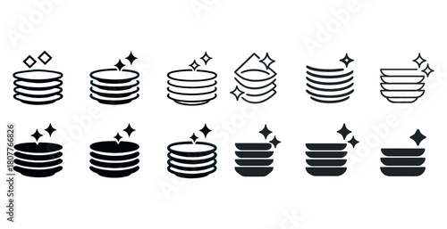 Collection of clean plates icons with sparkle elements