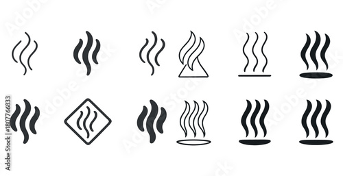 Abstract black line icons of hot steam and aroma symbols