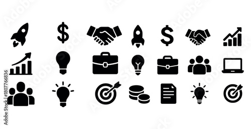 Business and finance icons rocket growth handshake dollar bulb briefcase teamwork