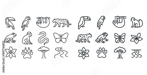 Black and white jungle wildlife icons featuring animals and plants