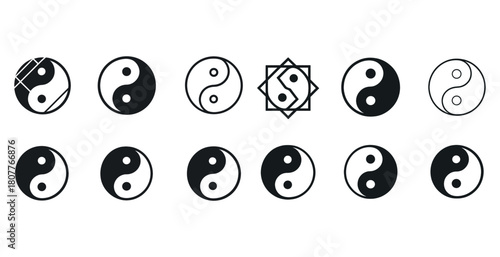 Various yin yang symbol designs in black and white illustrating balance and harmony