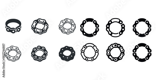 Set of various black and white chainring gear icons in different styles