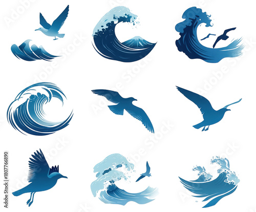 Set of isolated blue ocean waves and flying seagulls.