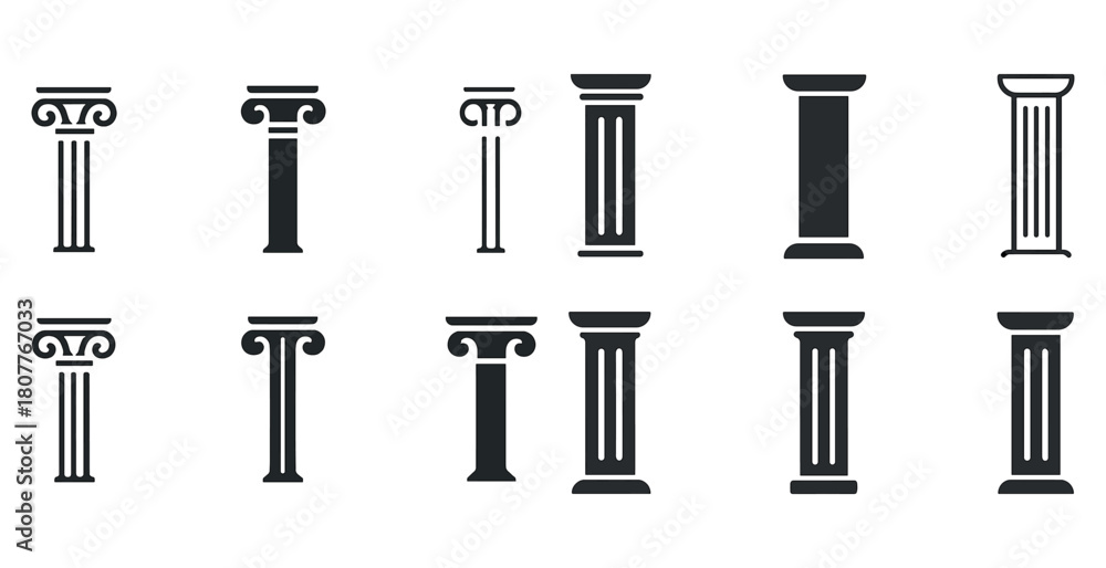 Obraz premium Set of various greek and roman column icons in black silhouette style