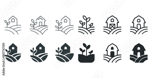 Collection of minimalist farm and plant line icons in black and white
