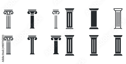 Set of various greek and roman column icons in black silhouette style