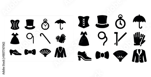 Vintage fashion icons set with accessories and clothing silhouettes