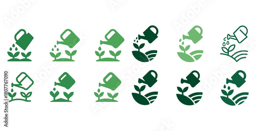 Green watering icon set: sustainable gardening and plant care symbols