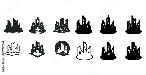Set of stylized urban skyline silhouettes in various artistic designs