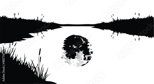 Serene reflection of moon on calm water surrounded by reeds and grasses at night
