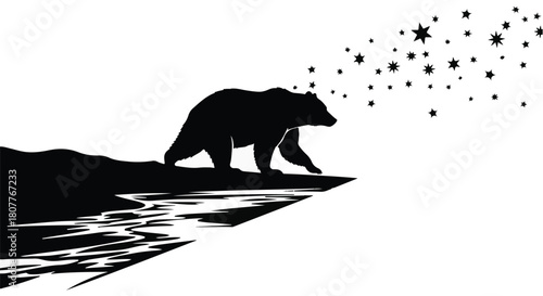 Majestic bear silhouette walking towards a starry night sky over reflective water