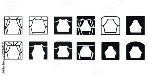 Set of black window curtain silhouette icons in various styles and designs