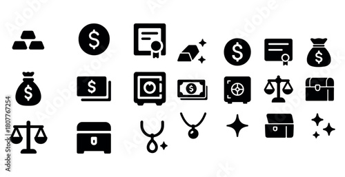 Financial and wealth icons: currency, gold, safe, jewelry, scales, and documents