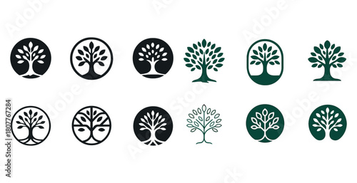 Set of minimalistic tree logos in black and green circle designs