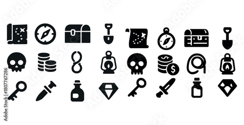 Treasure icons collection: maps, compasses, chests, skulls, coins, and tools