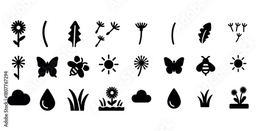 Nature icons collection: flowers, insects, weather elements