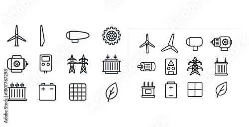 Renewable energy and power generation icons: wind turbine, gear, electrical equipment, leaf symbols