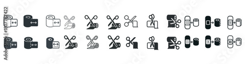 Scissors and tape icons set in various styles