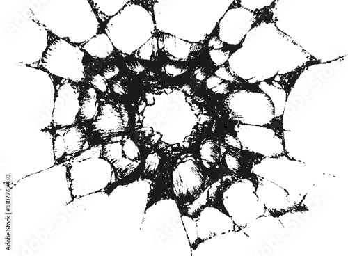 Bullet hole glass crack vector with shattered circular fragments and abstract radial pattern. Black texture highlights impact and explosion energy in comic or realistic style.