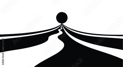 A solitary dark sphere rests at the convergence of abstract, flowing pathways on a white background.