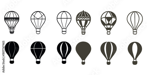 Set of hot air balloon icons in various designs and styles