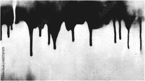 Black halftone dripping paint texture with smooth gradient fade and comic tone. Urban grunge art suitable for modern posters, street templates, or punk backgrounds.