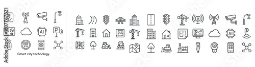 Smart city technology icons: buildings, connectivity, infrastructure, security, energy