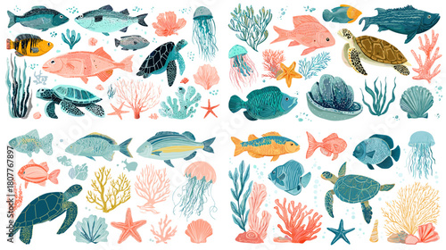 A beautiful underwater illustration featuring fish, turtles, coral, jellyfish, shells, and starfish in a colorful marine life collection.