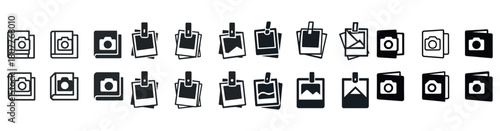 Collection of photography icons featuring cameras and photo symbols in black and white